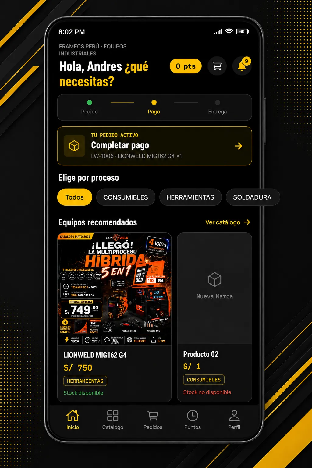 Pantalla de inicio de la app FRAMECS con categorías