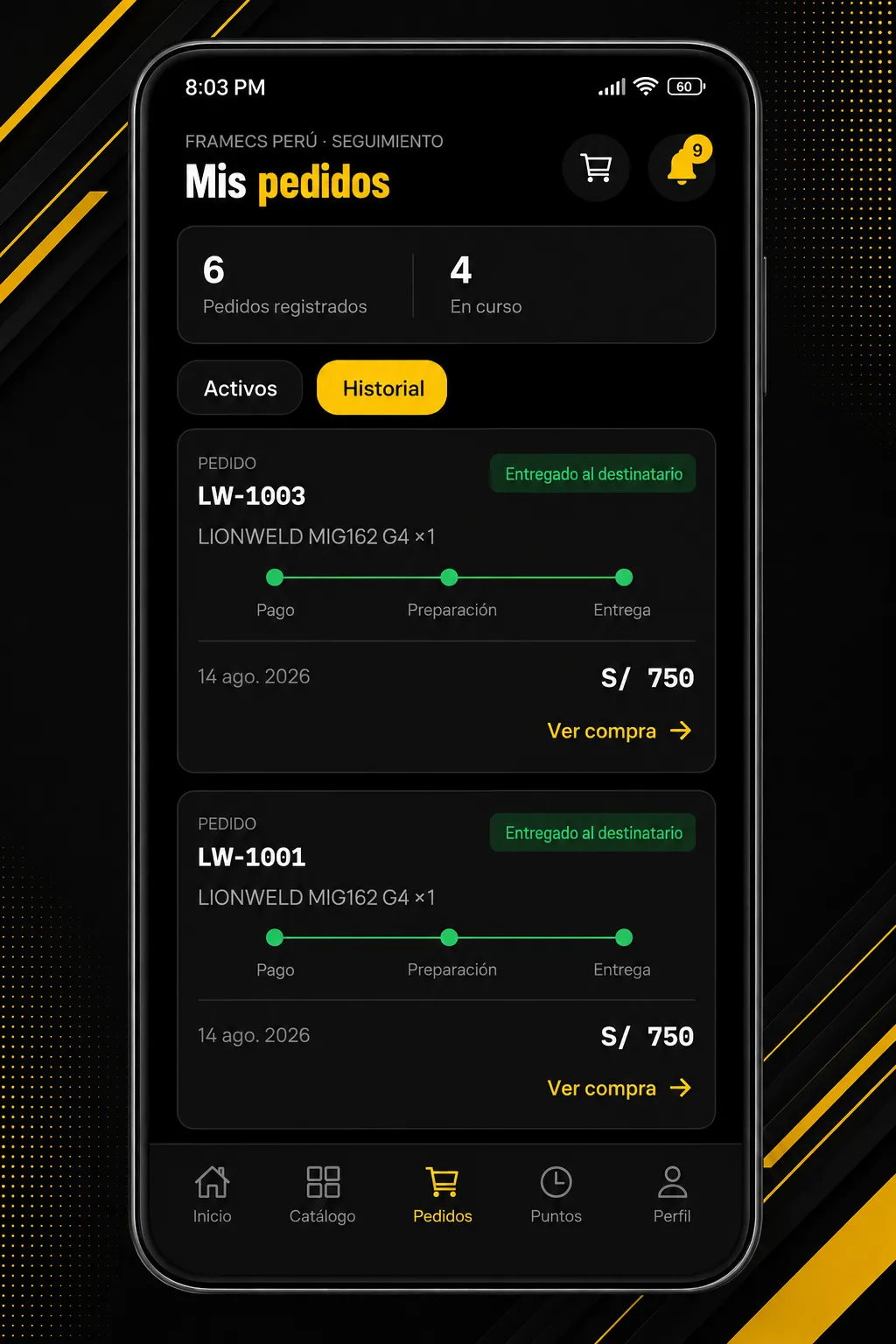 Historial de pedidos en la app FRAMECS
