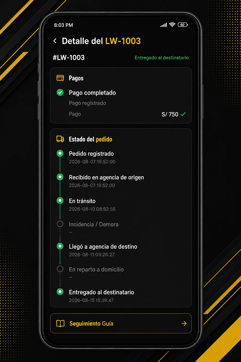 Seguimiento de pedido en la app FRAMECS