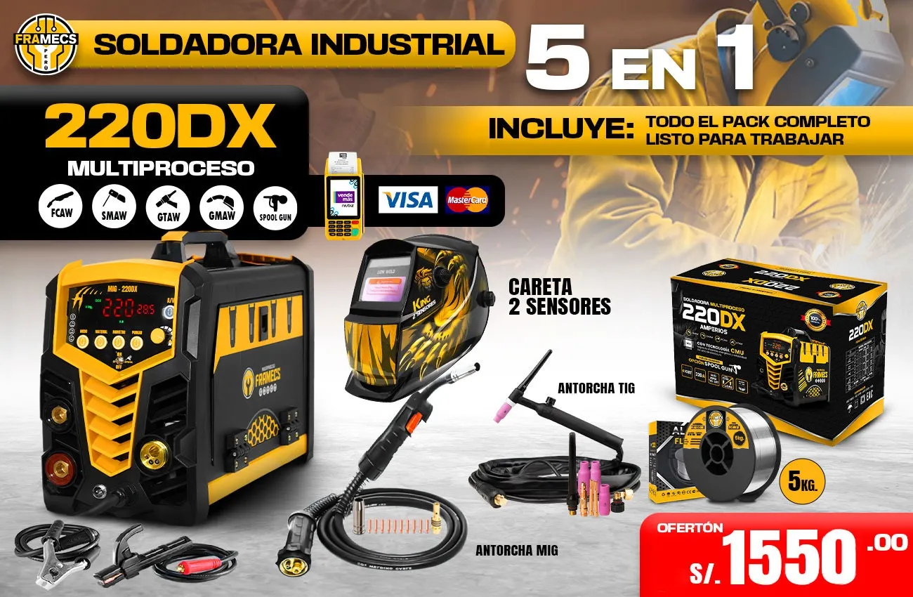 Soldadora industrial FRAMECS 220DX multiproceso con accesorios